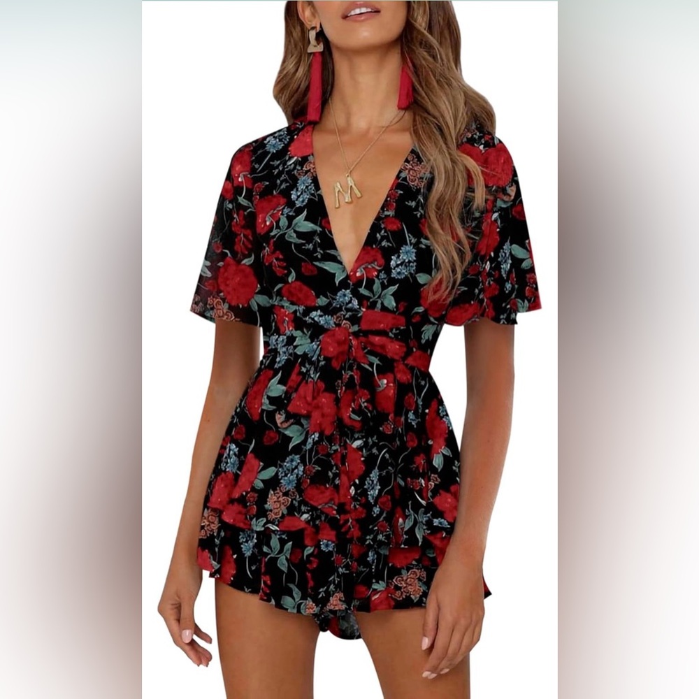 Chic Floral V-Neck Mini Dress - Red and Black